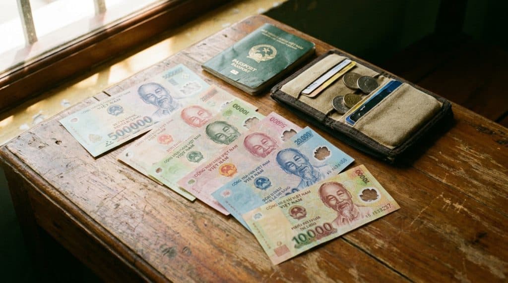 Vietnamese dong banknotes of various denominations on a wooden table with passport and travel wallet