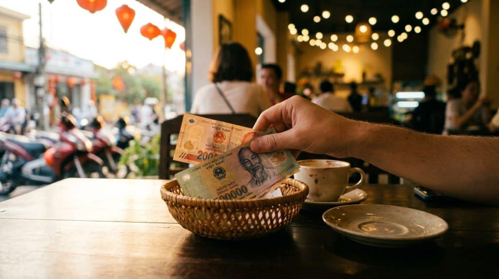 Tourist leaving Vietnamese dong banknotes as a tip on a restaurant table in Saigon