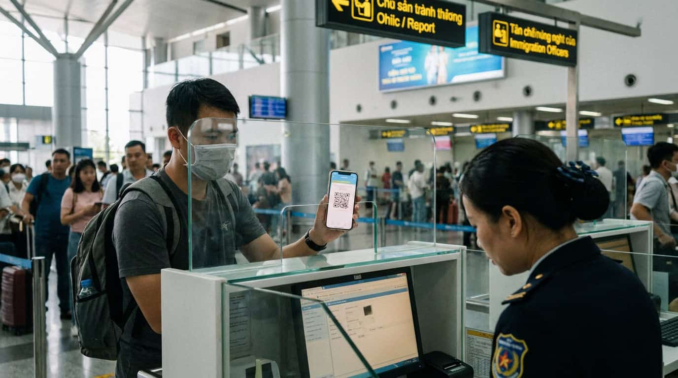 Traveler showing digital arrival card QR code on smartphone at Vietnam airport immigration counter