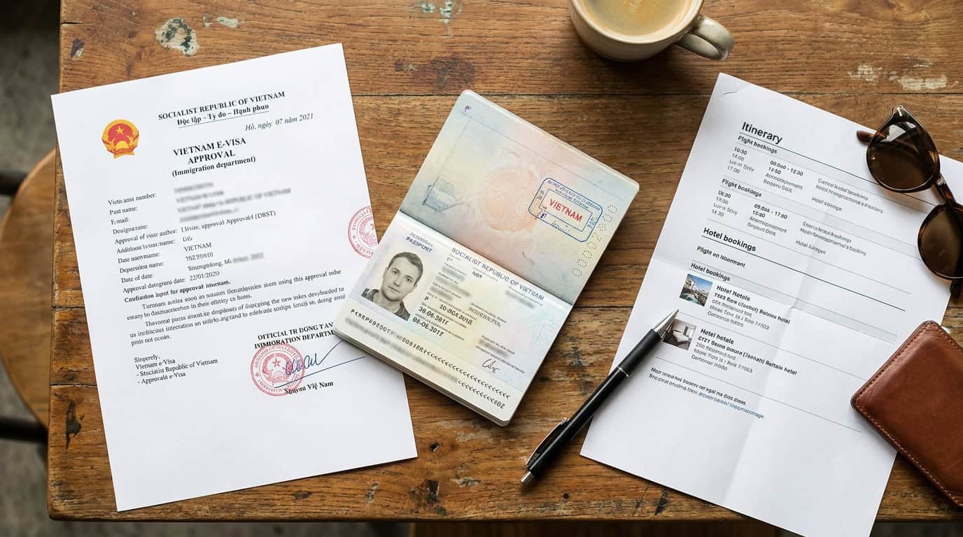 Vietnam e-visa approval document printed next to a passport ready for travel