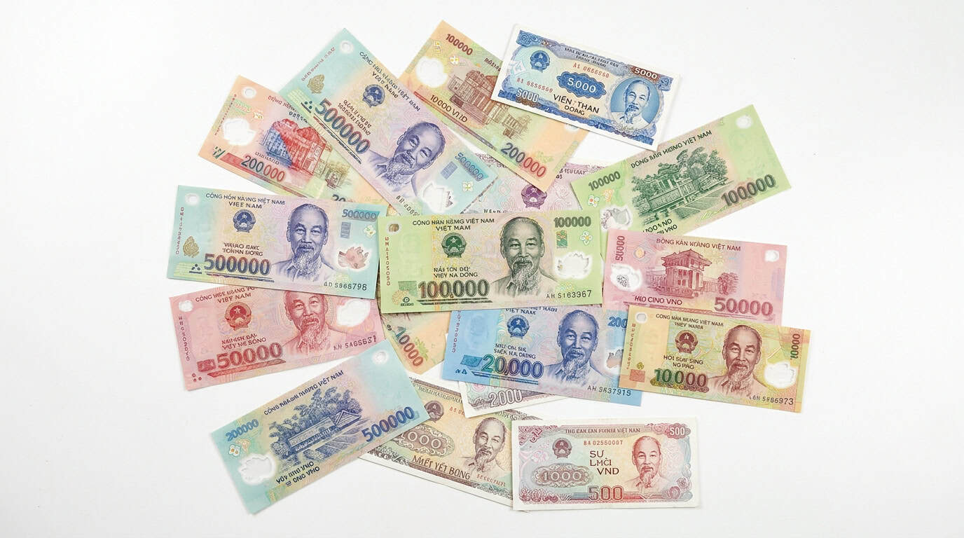 All Vietnamese dong banknote denominations spread out showing different colors and sizes