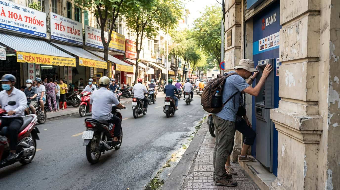 Tourist using an ATM machine on a busy street in District 1 Ho Chi Minh City to withdraw Vietnamese dong