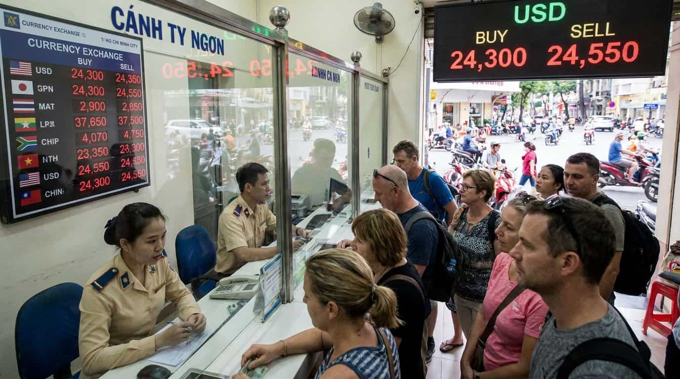 Currency exchange counter in District 1 Ho Chi Minh City showing exchange rate board with USD to VND rates