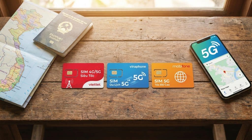 Vietnamese SIM card packages from Viettel, Vinaphone and Mobifone on a table with a smartphone showing 5G signal