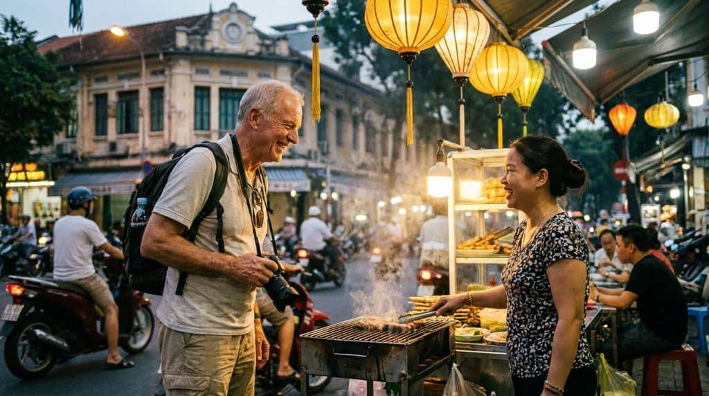 Western tourist chatting with Vietnamese street food vendor at an outdoor stall in Saigon with warm evening light