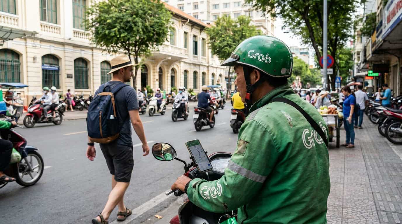 Grab driver on green motorbike picking up a tourist in District 1 Saigon street