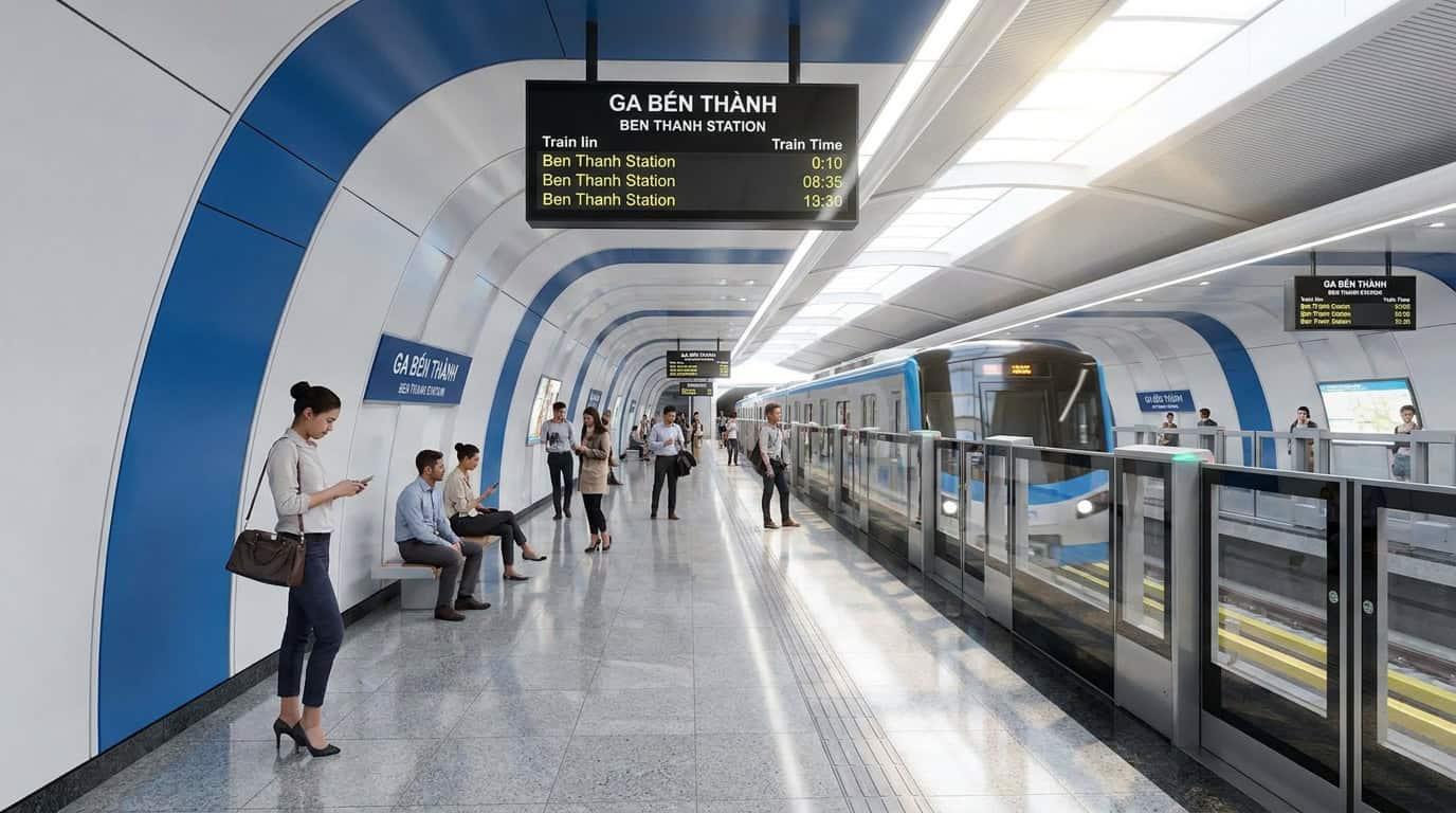 Modern interior of Ho Chi Minh City Metro Line 1 station with clean platform and passengers