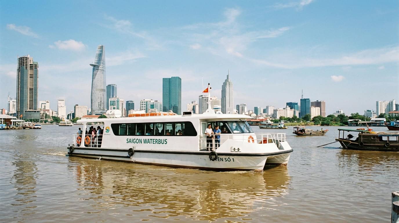 Saigon Waterbus boat on the Saigon River with city skyline and skyscrapers in background