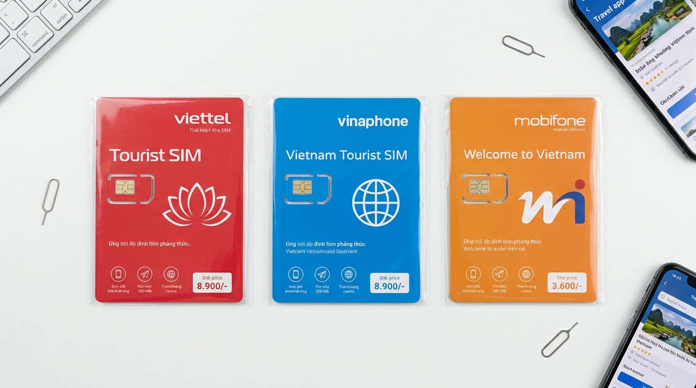 Three Vietnam SIM card packages from Viettel Vinaphone and Mobifone displayed on white background