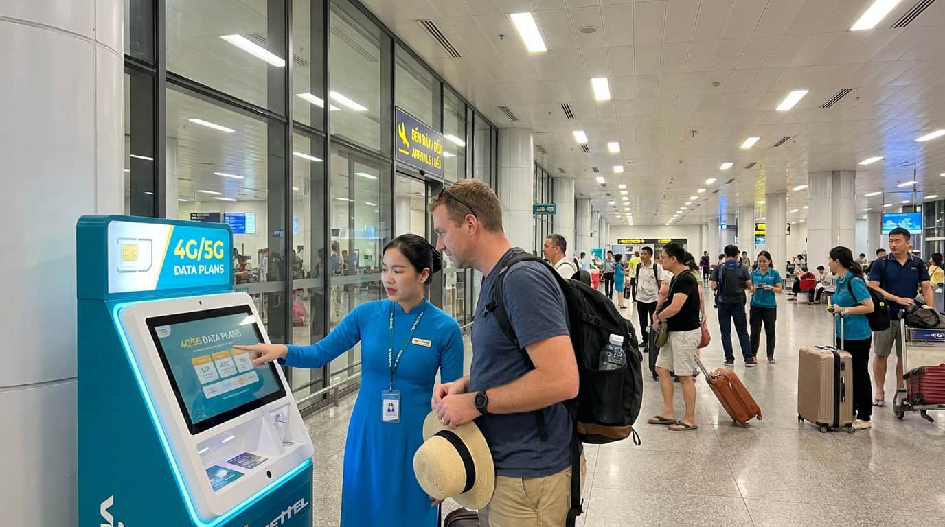 SIM card kiosk at Tan Son Nhat Airport Vietnam with staff helping arriving tourists