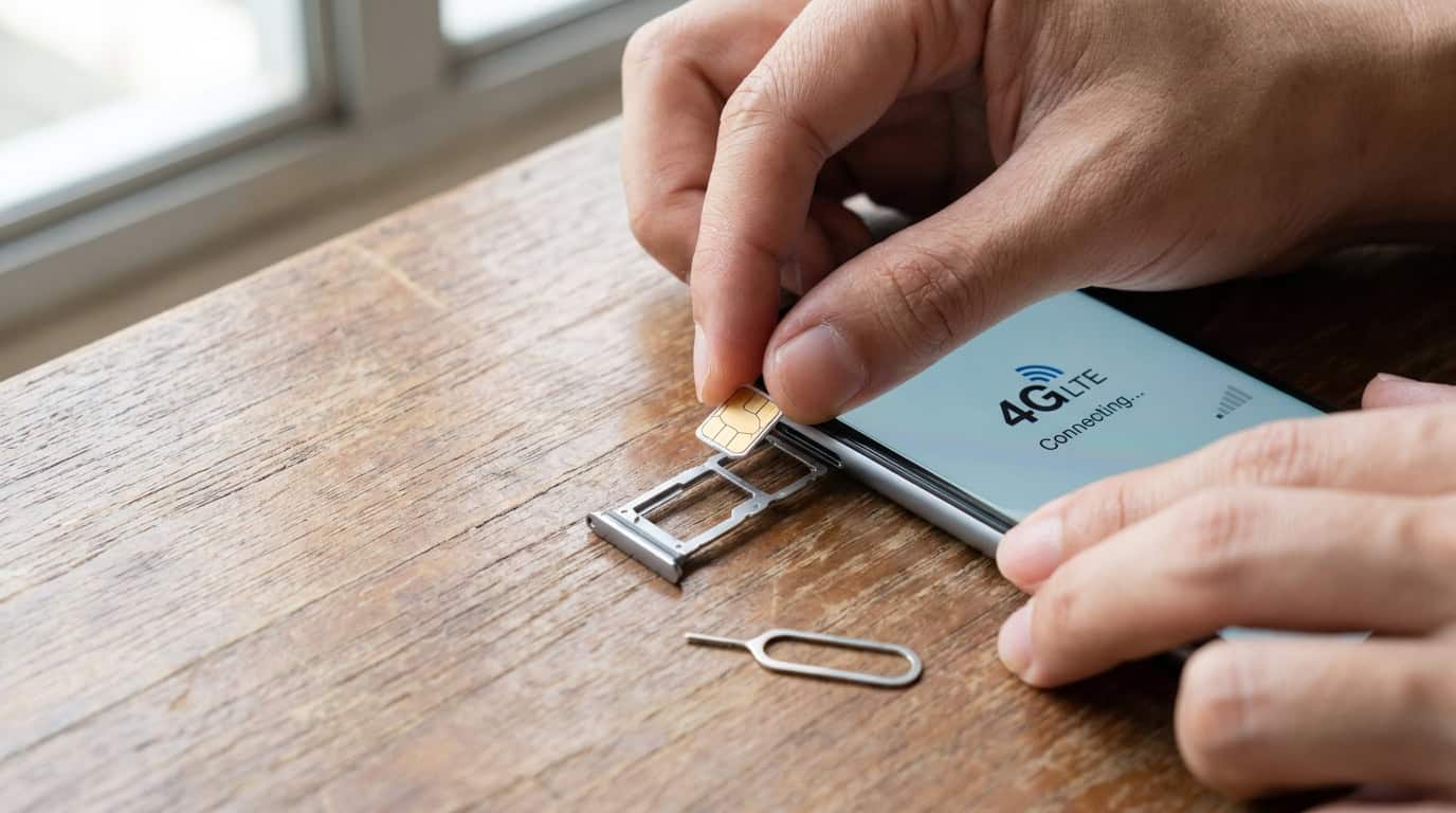 Person inserting a Vietnam SIM card into a smartphone with SIM tray ejector tool