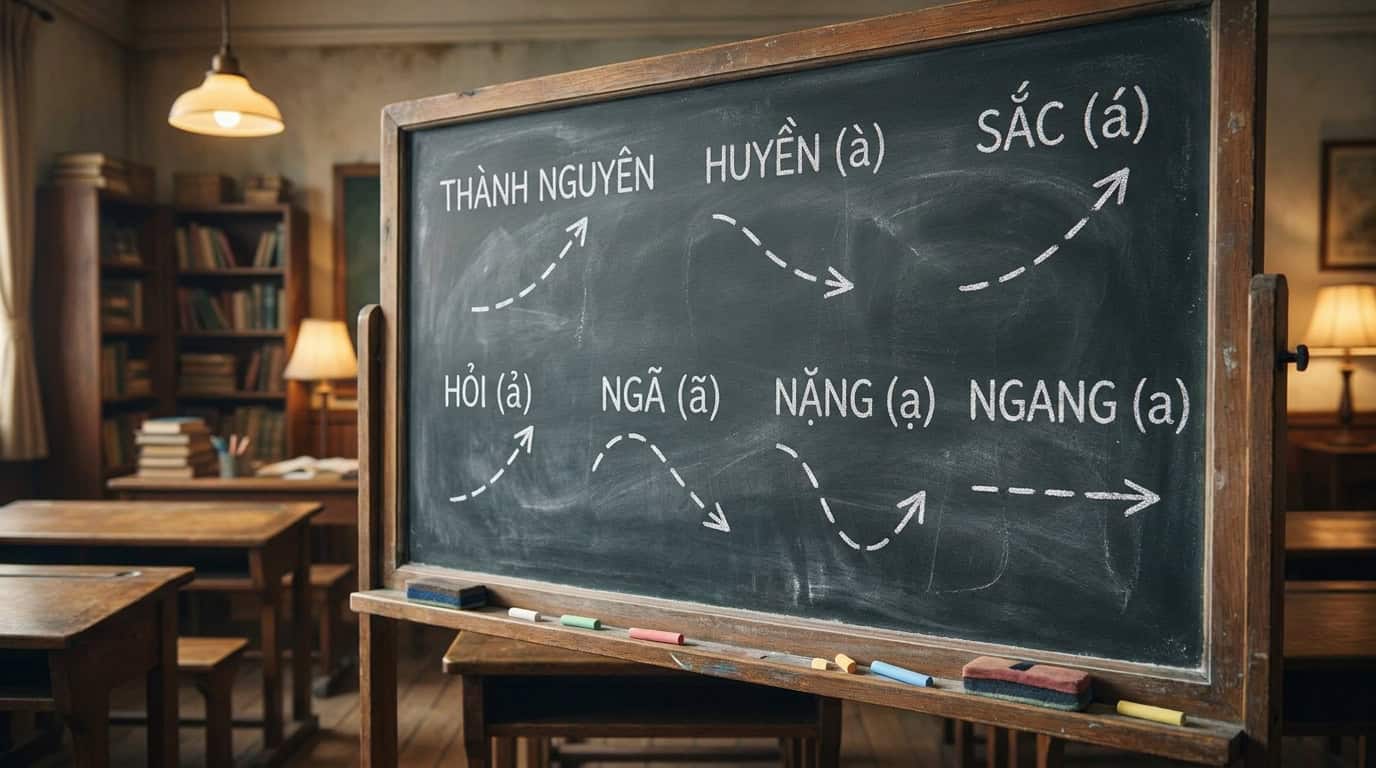 Chalkboard showing Vietnamese six tones with diacritical marks and tone contour diagram