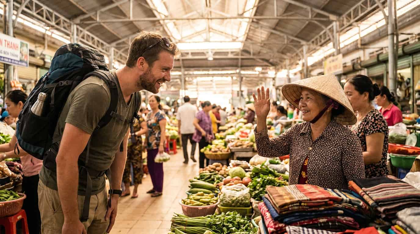 Western tourist greeting a Vietnamese shopkeeper with a smile and bow in a Saigon market