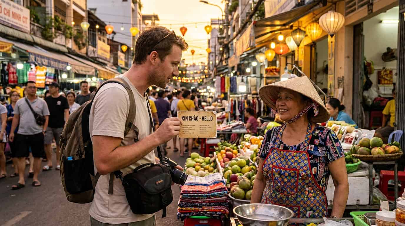 Tourist bargaining at a colourful Saigon street market stall using a pocket phrase card