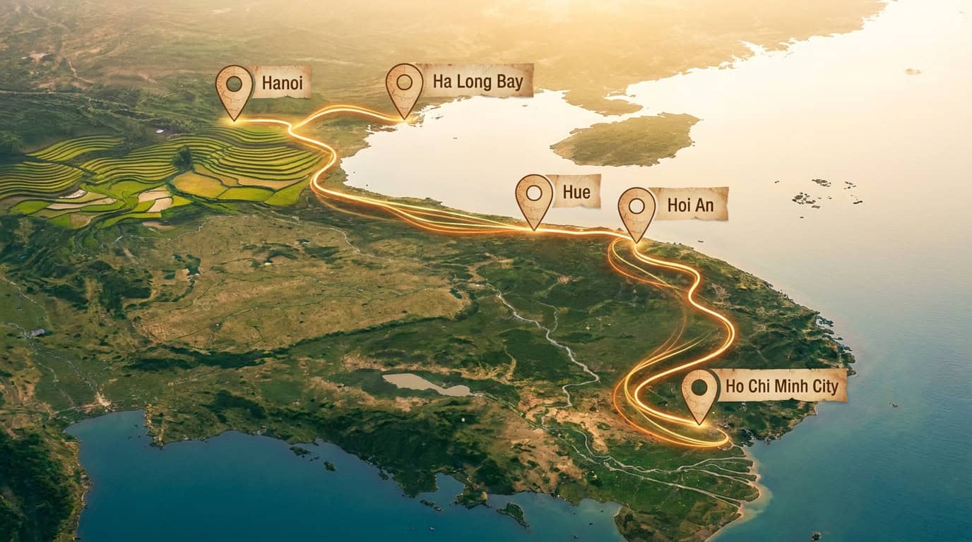 Vietnam north to south travel route map showing stops from Hanoi to Ho Chi Minh City for a 2-week itinerary