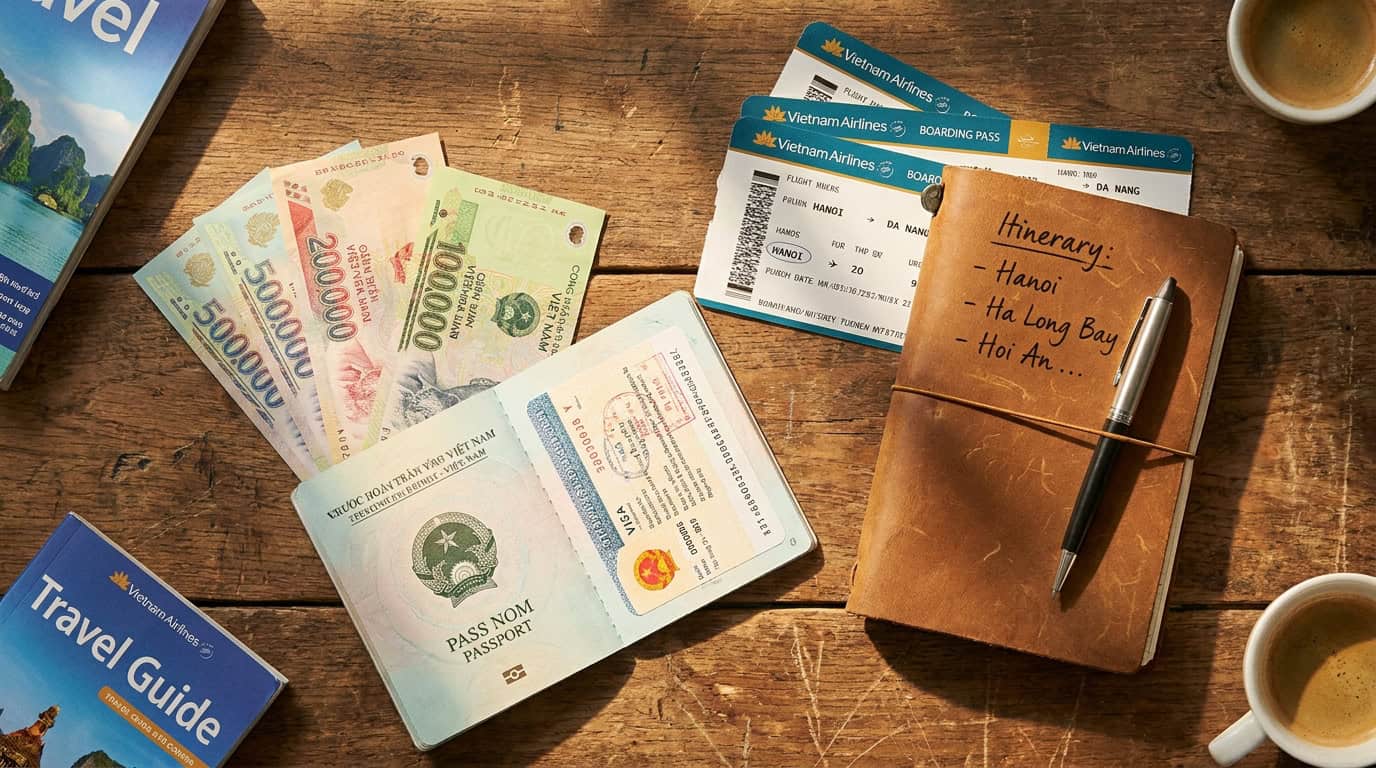 Vietnamese dong banknotes, passport, boarding passes and travel notebook laid out on wooden desk for 2-week Vietnam trip planning