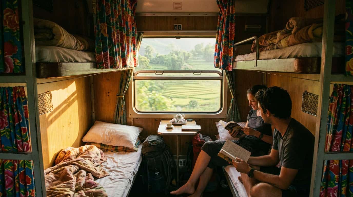 Interior of Vietnamese overnight sleeper train with soft berth bunks and window view of green countryside