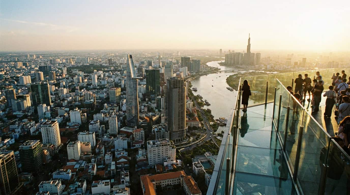 Panoramic view from Landmark 81 SkyView observation deck at 380 meters over Ho Chi Minh City grid and Saigon River