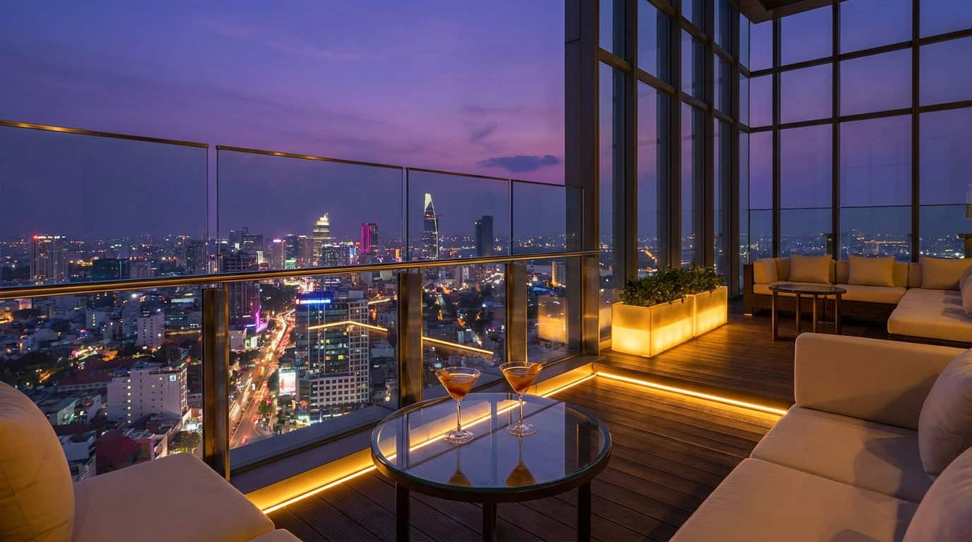 Blank Sky Lounge rooftop bar on floor 75 of Landmark 81 with cocktails and night cityscape of Ho Chi Minh City