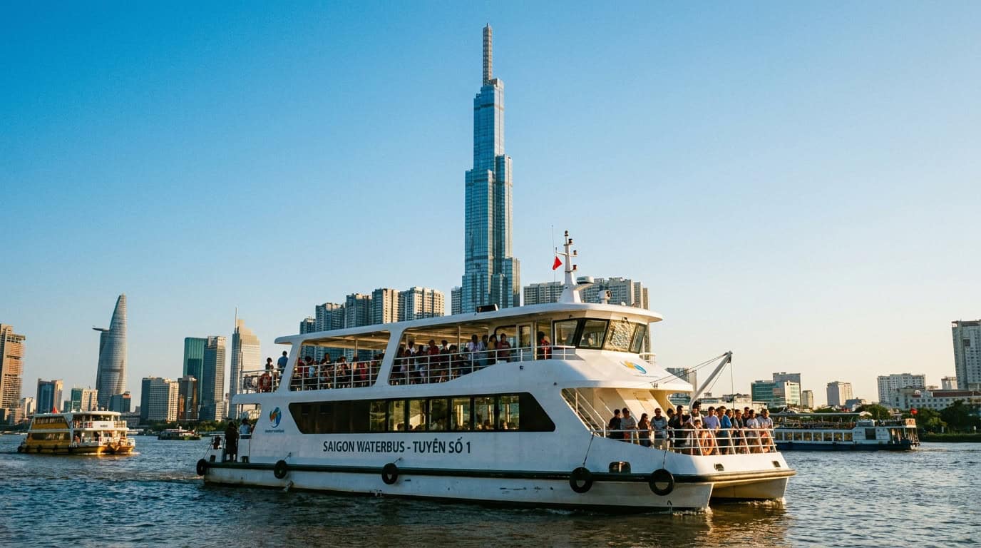 Saigon Waterbus boat on the Saigon River with Landmark 81 tower rising prominently in background