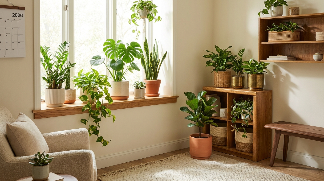 Collection of the best beginner indoor plants arranged on a bright windowsill