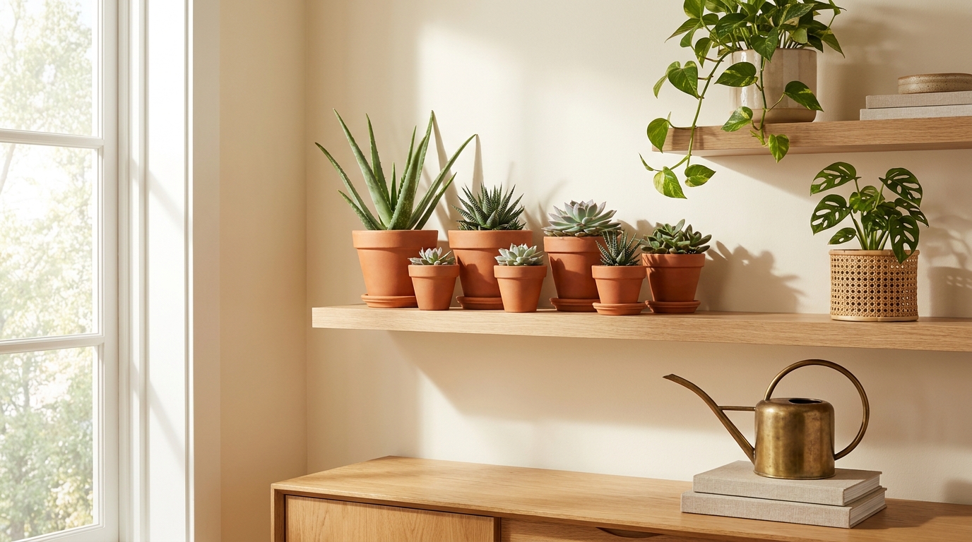 Aloe vera and succulents arranged in terracotta pots on a bright shelf
