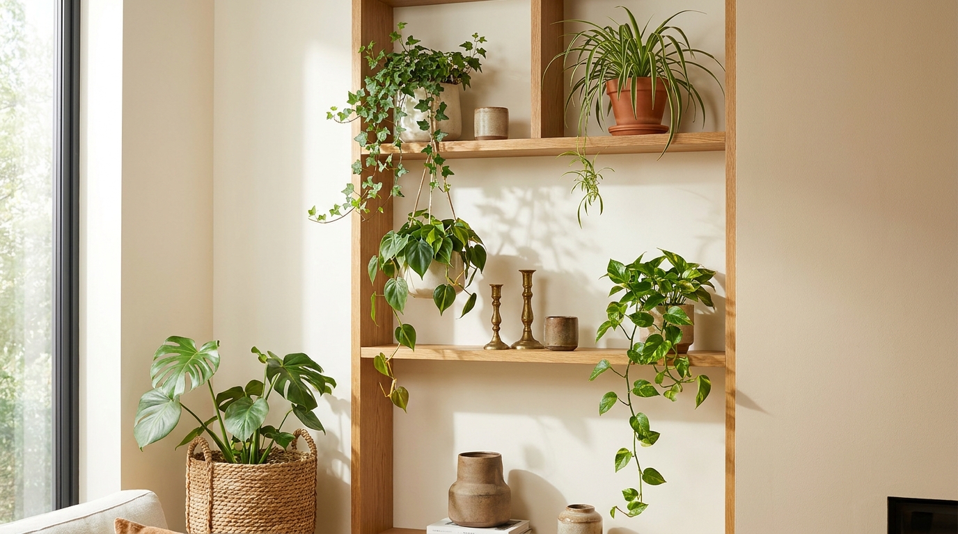 English ivy, heartleaf philodendron, and spider plant in a styled shelf arrangement