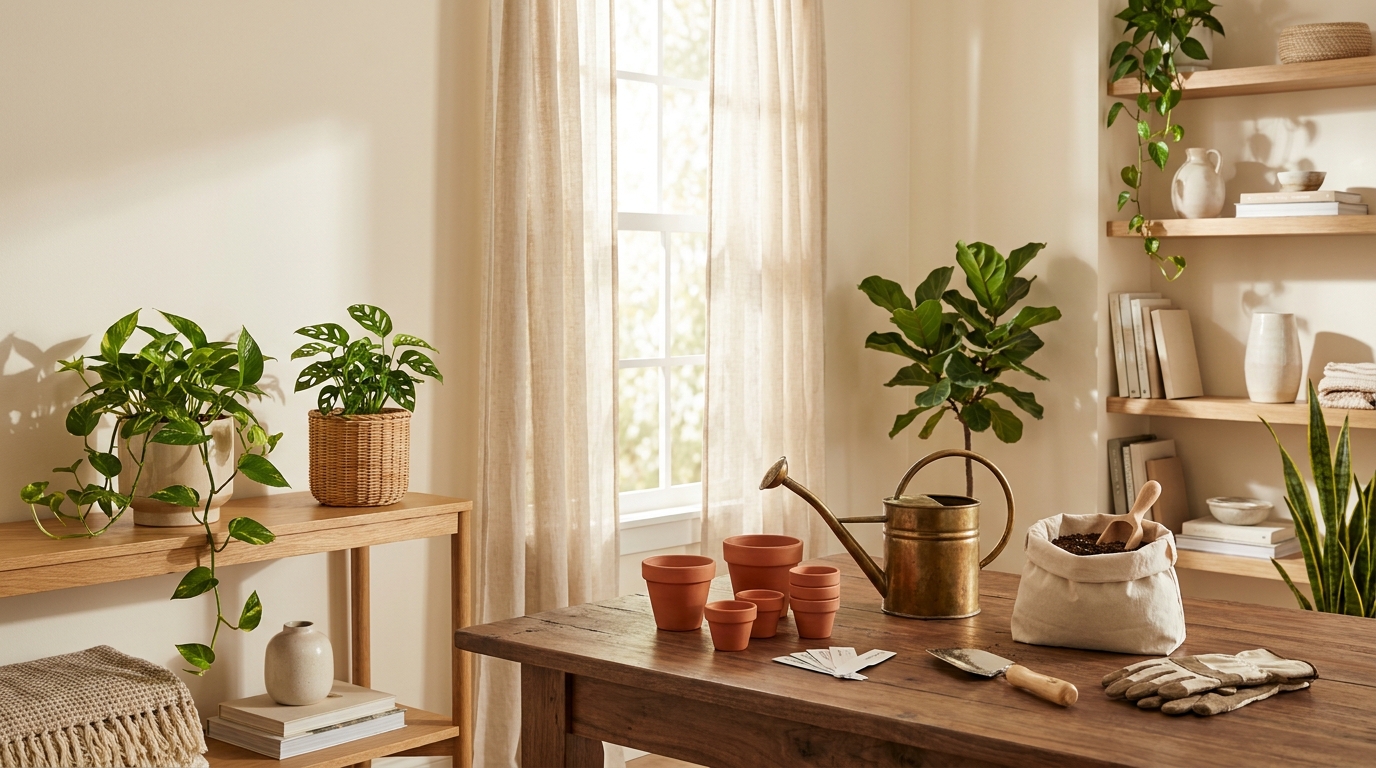 Beginner plant starter kit laid out with pots, soil, and watering can