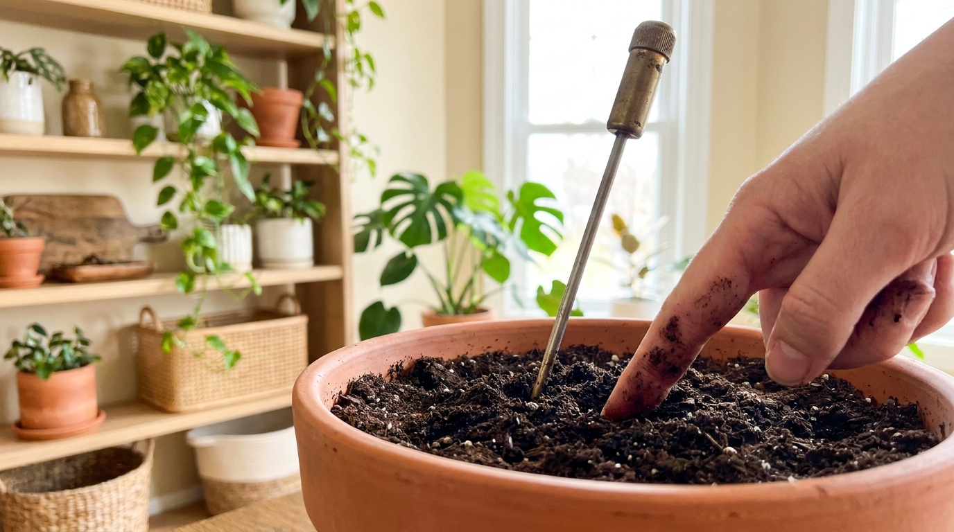 Close-up of a finger pushing two inches into dark potting soil beside a moisture meter probe in the same pot