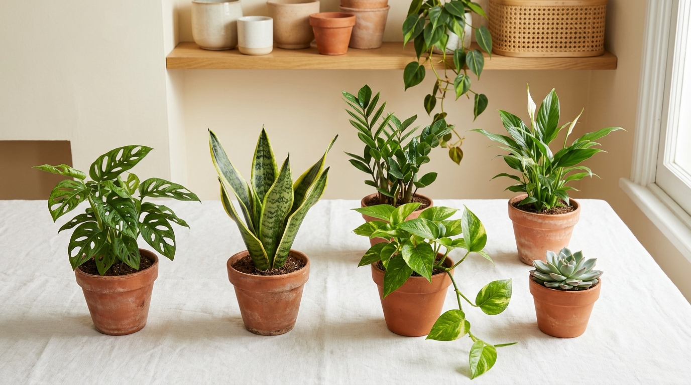 Flat lay of 6 common houseplants including monstera, snake plant, ZZ plant, pothos, peace lily and succulent arranged on a white surface with small terracotta pots