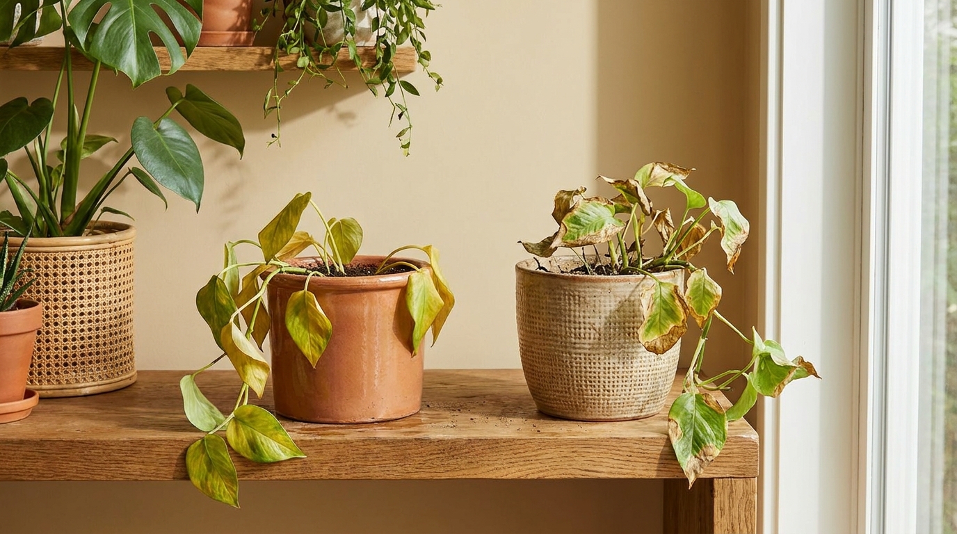 Side-by-side comparison of overwatered plant with yellowing soft leaves versus underwatered plant with dry crispy brown leaf edges