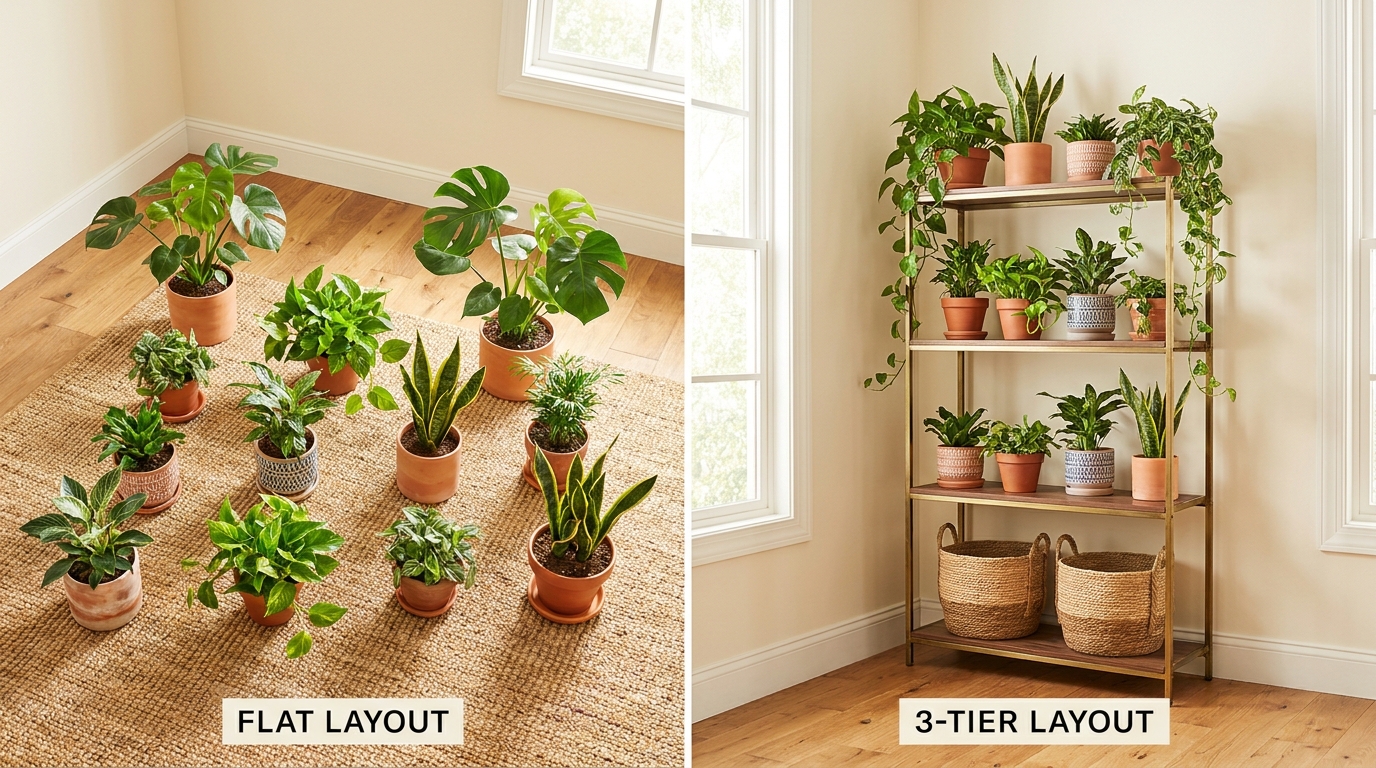 Side-by-side comparison of same 12 plants arranged flat on floor vs. arranged in 3-tier vertical layout