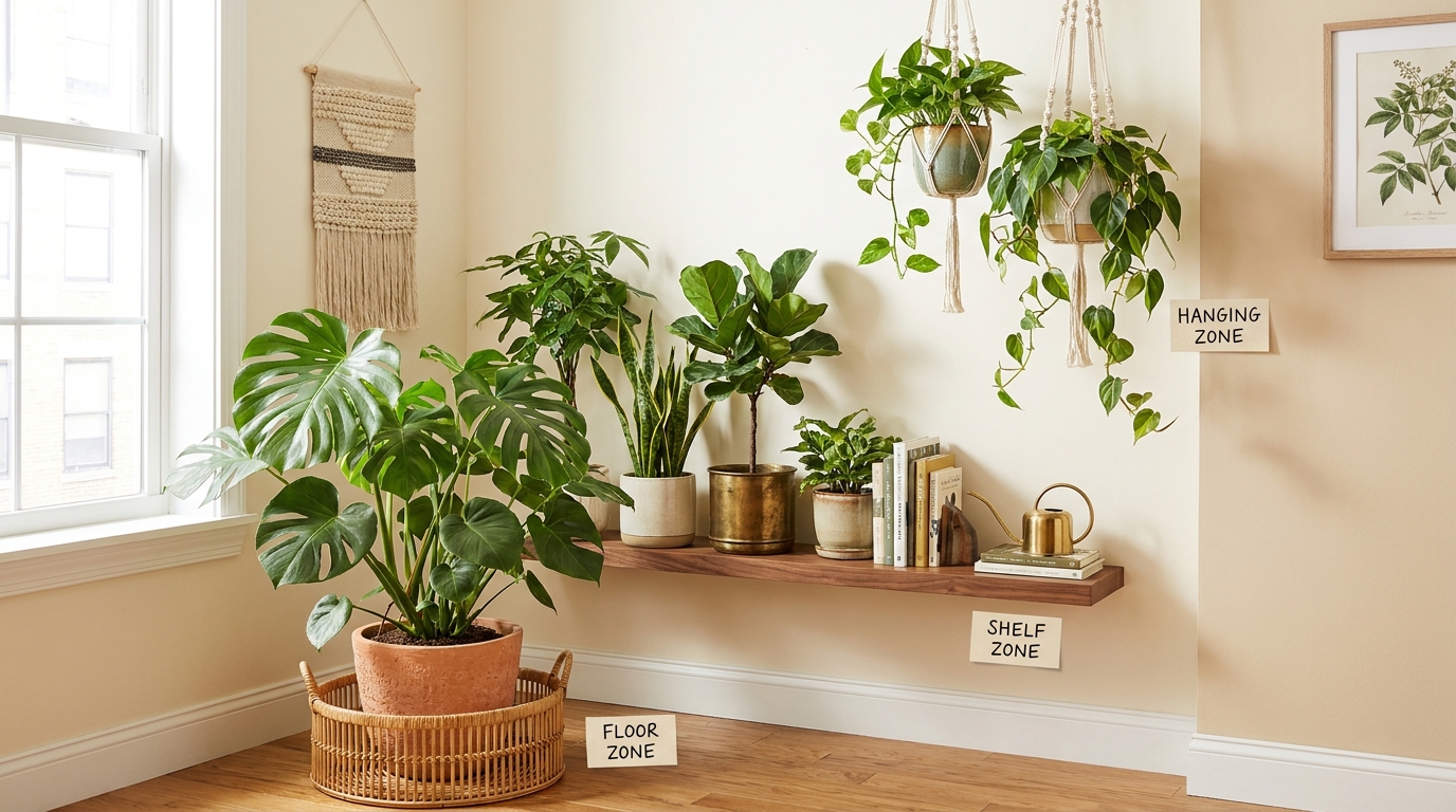 Diagram showing 3-tier plant arrangement with labeled height zones - floor/shelf/hanging - in a small apartment corner