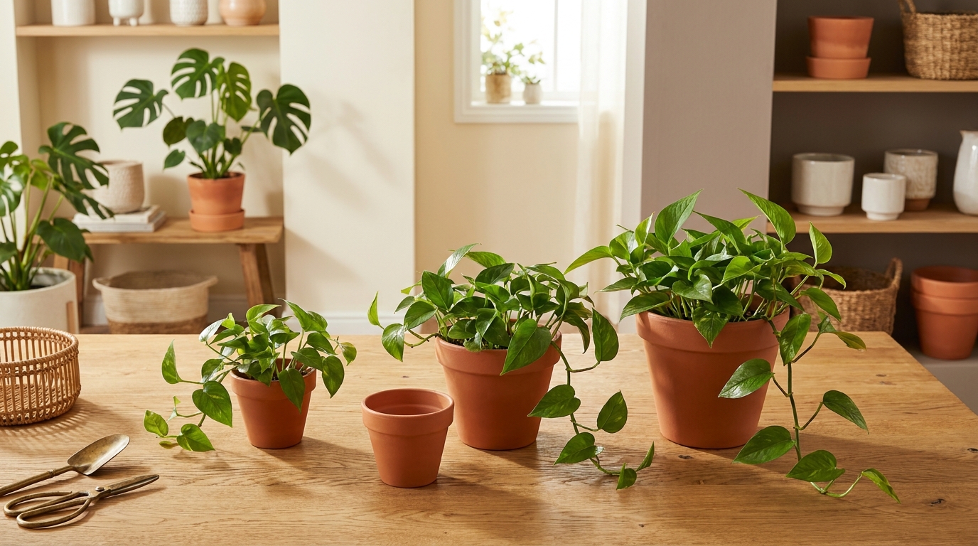 Flat-lay of terracotta pot groupings in three sizes with trailing pothos beside them