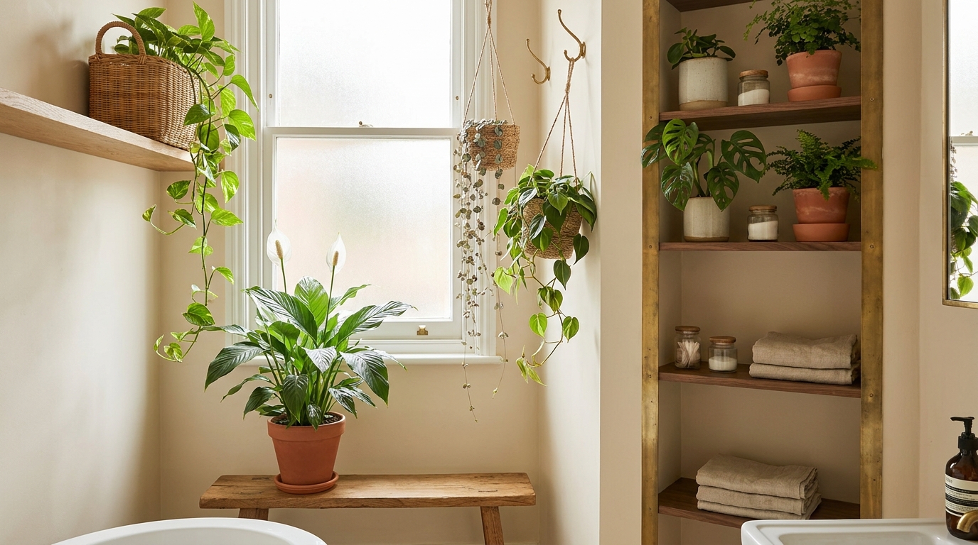 Bathroom plant styling with peace lily, pothos and hanging plants near frosted window