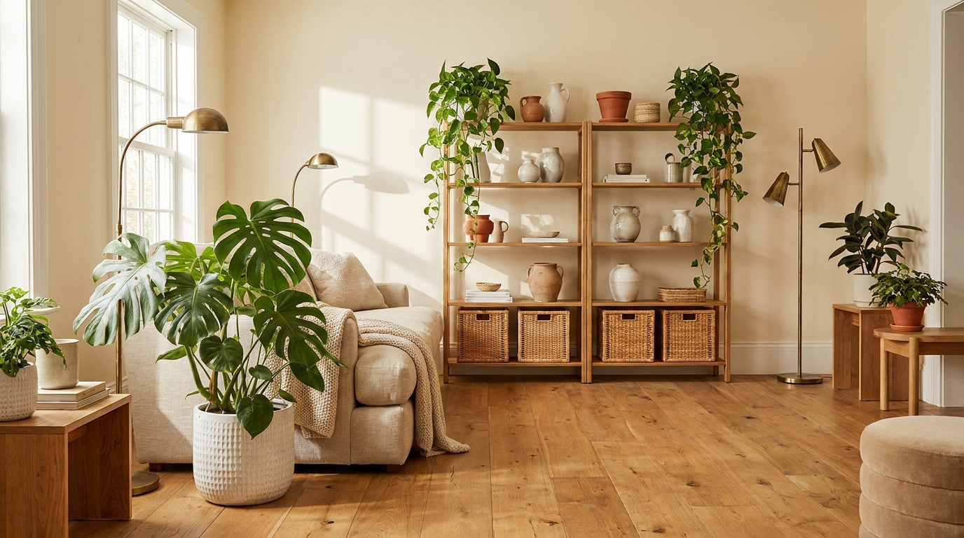 Large monstera deliciosa in a white ceramic pot beside a neutral sofa in a bright living room