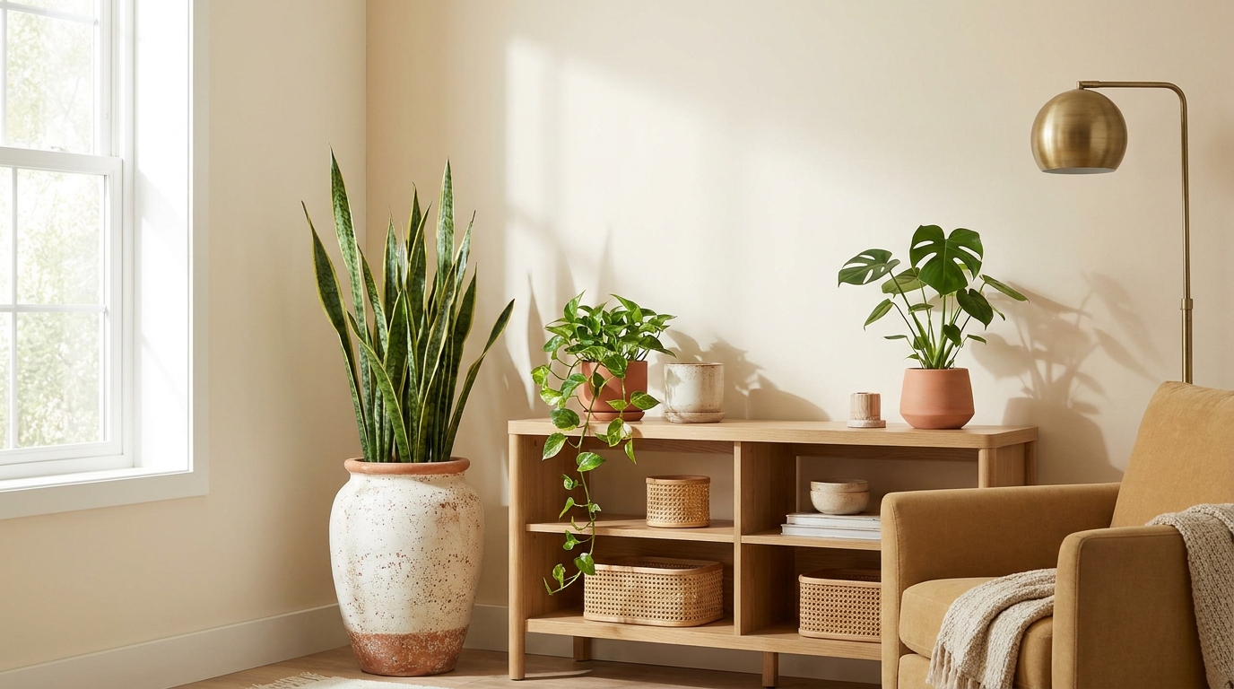 Large snake plant in a tall ceramic pot in a modern minimal living room corner