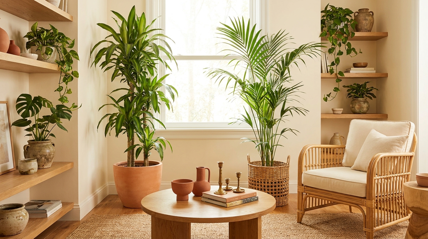 Corn plant and kentia palm arranged in a living room with warm natural light and rattan furniture