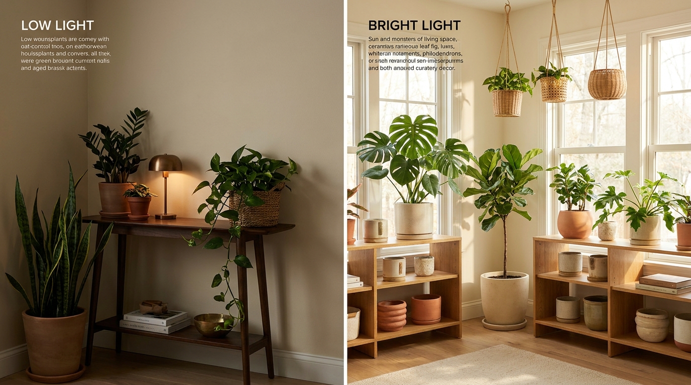 Side-by-side comparison of low light vs bright light large indoor plant placements in real home interiors