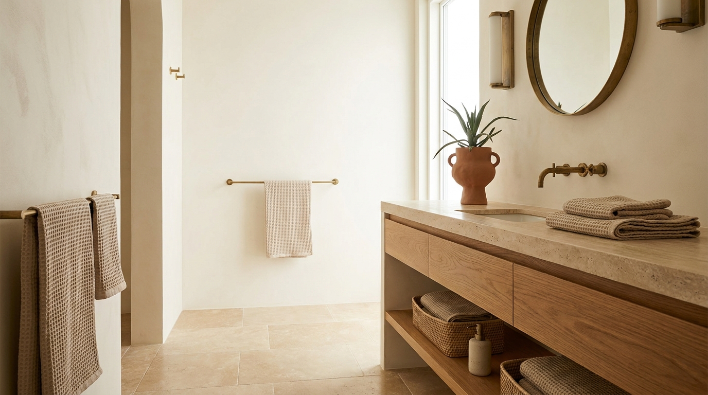 Modern minimalist bathroom with floating vanity and matte black hardware