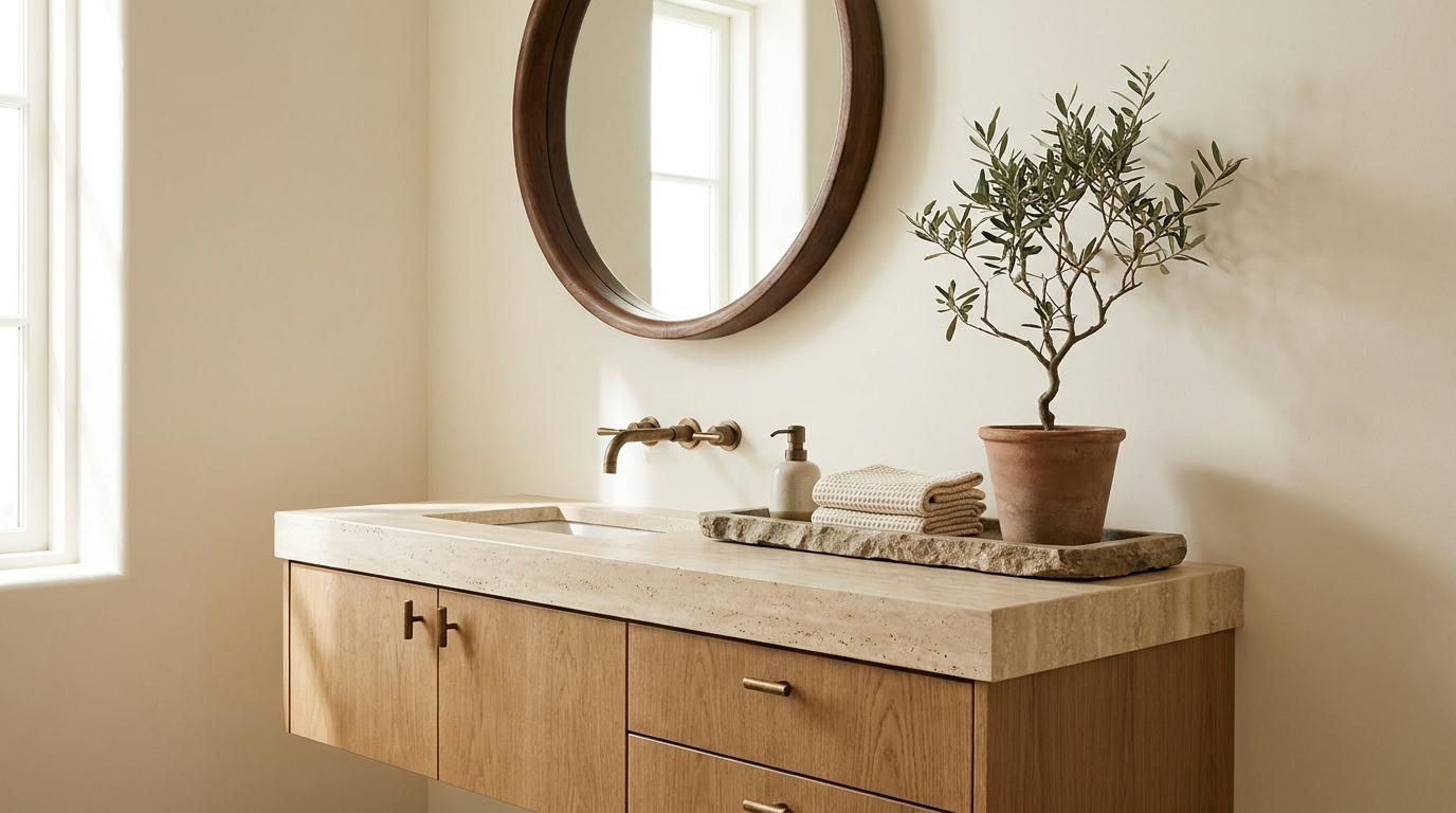 Organic modern bathroom with wood frame mirror and stone tray