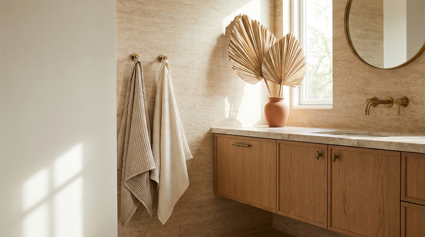 Travertine-look peel-and-stick wall in a rental bathroom