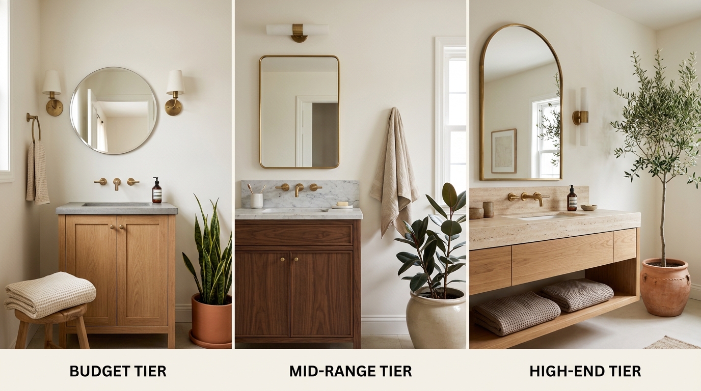 Boho minimalist bathroom shopping at three budget tiers