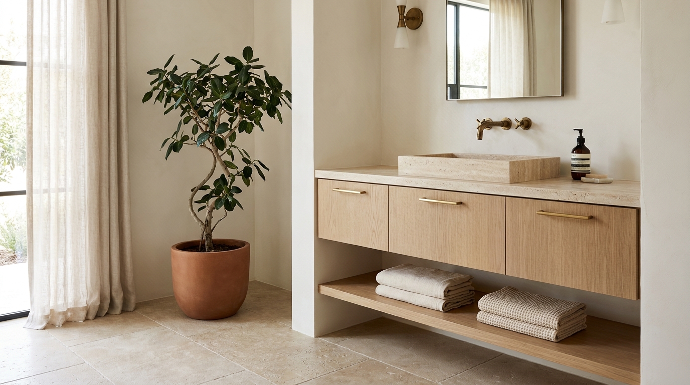 White oak floating vanity with brass pulls and travertine countertop