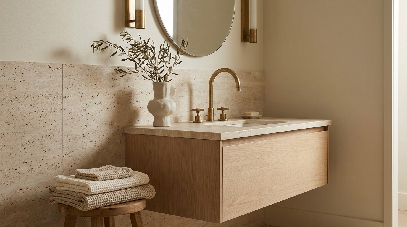 Unlacquered brass faucet on white oak vanity with travertine wall