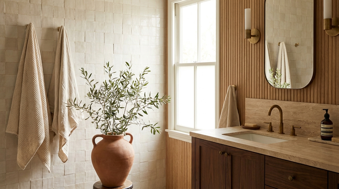 Zellige tile and fluted wood paneling in an organic modern bathroom
