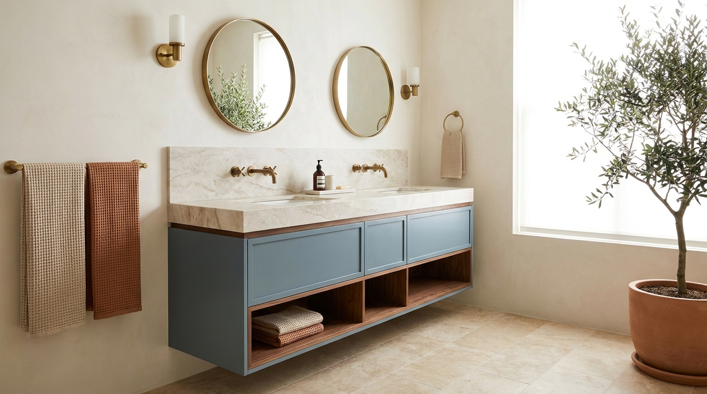 Floating walnut and muted-blue double vanity layouts