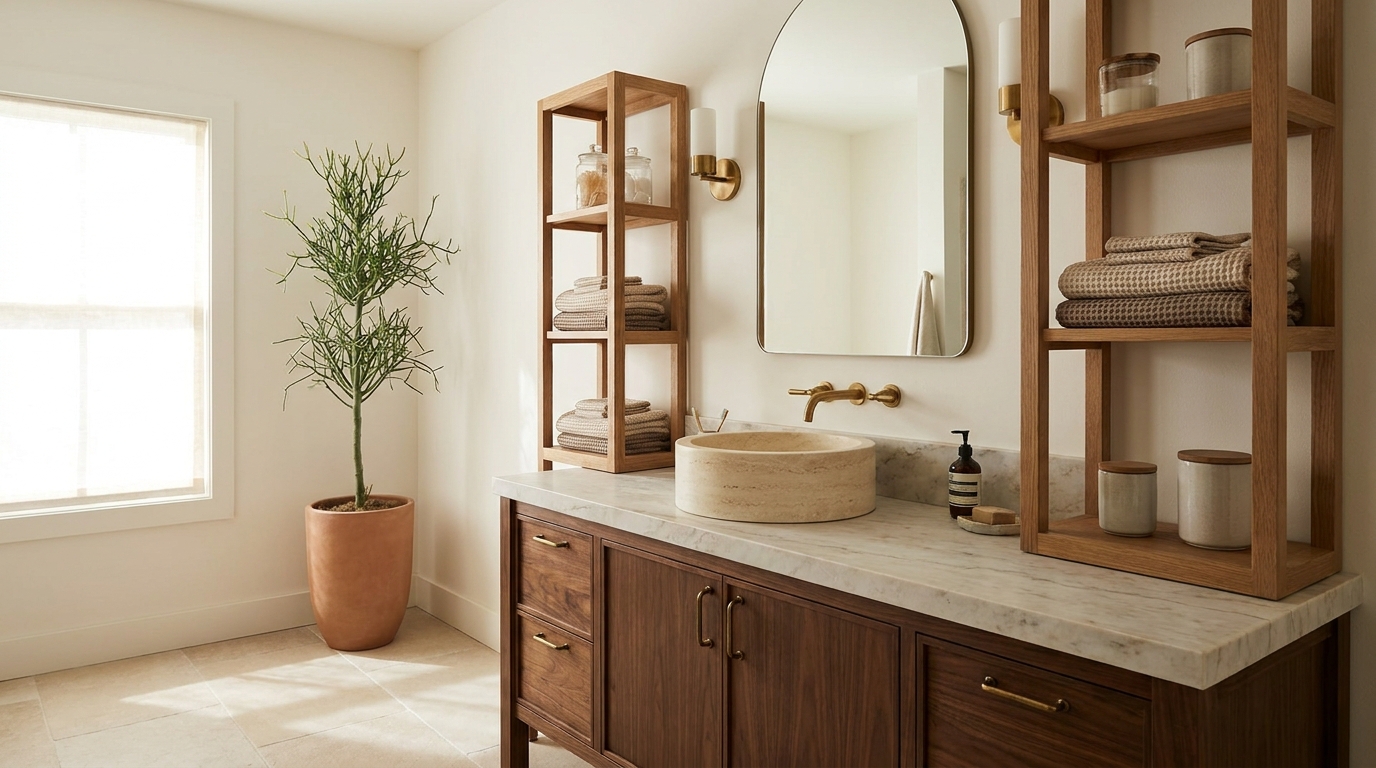 Vessel sink, marble pair, and tower-storage layouts