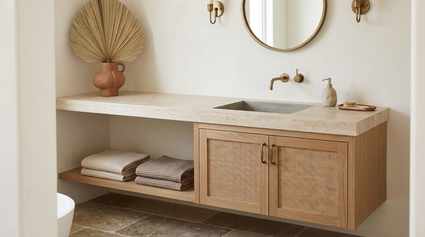 Cane-front, concrete, and earth-tone vanity refreshes