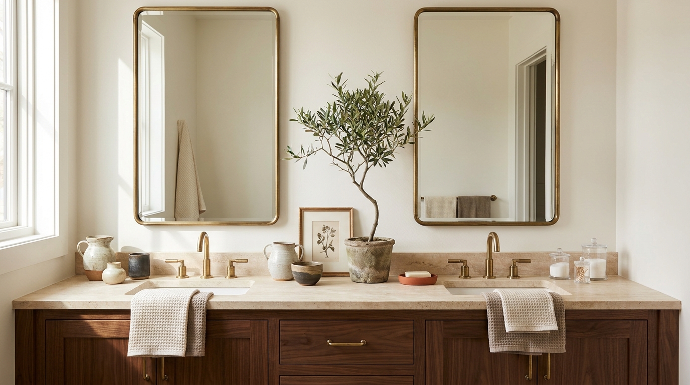 Decorated double vanity counter styling and brass hardware